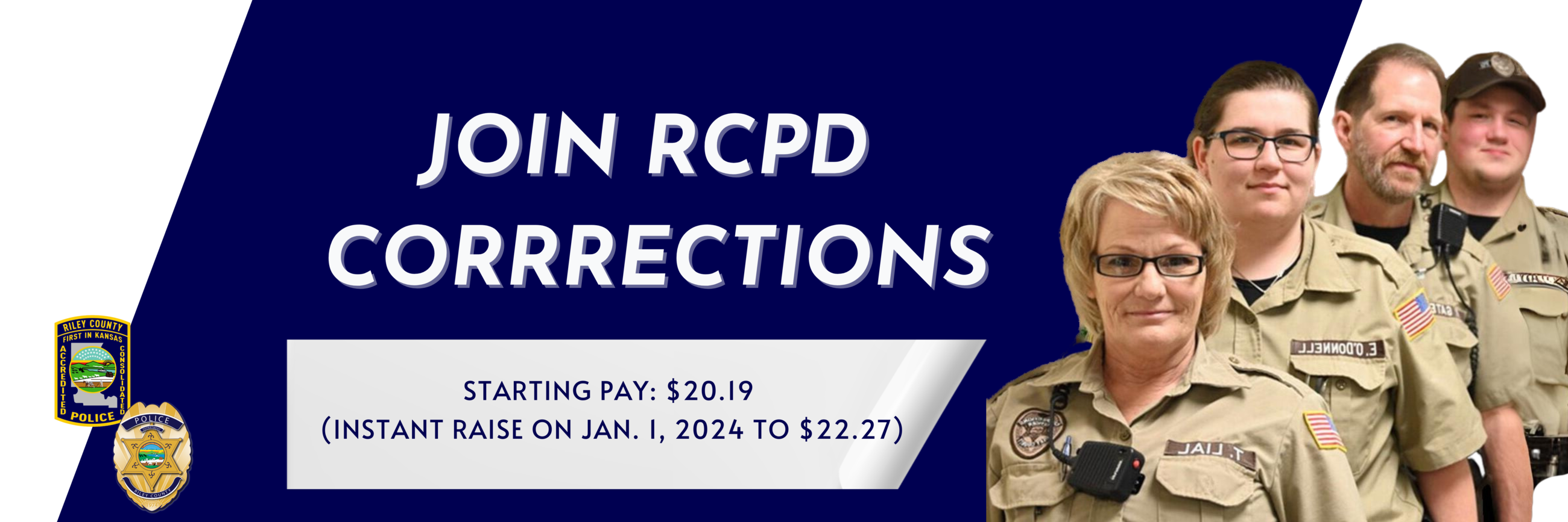JOIN RCPD CORRECTIONS - 4 corrections officers smiling at the camera posing in light brown uniforms
